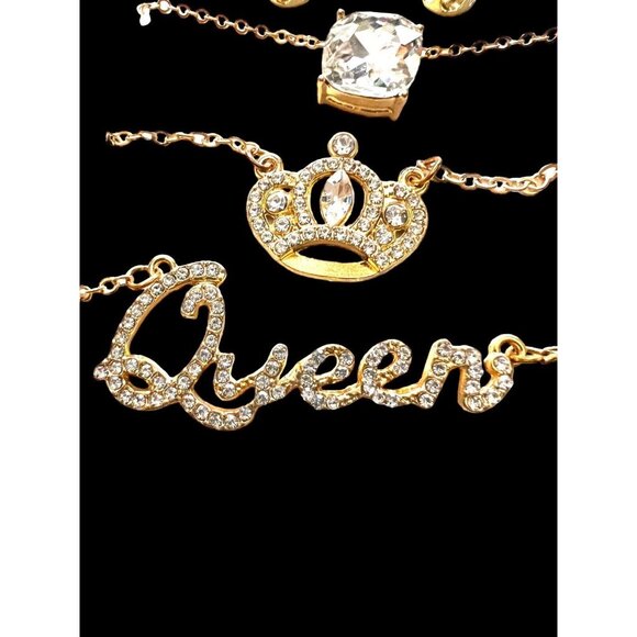 Blingy Set of Gold Chain Necklaces w QUEEN CROWN & Large Faux Diamond w Earrings - Picture 1 of 7